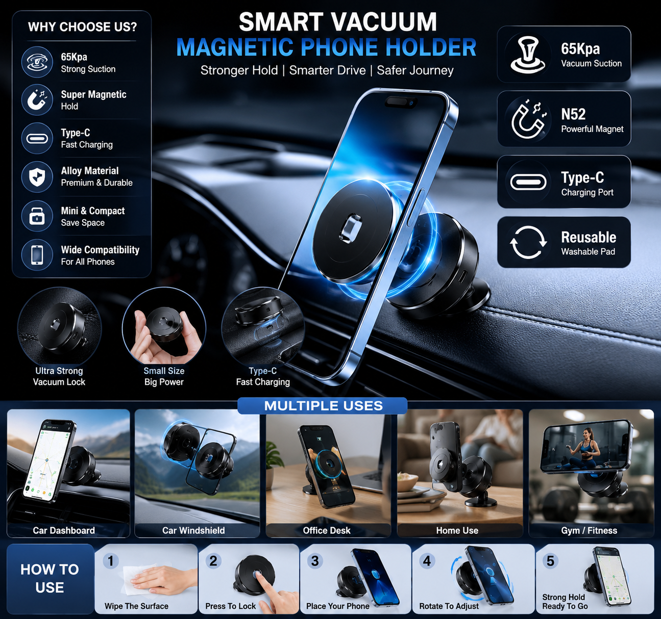 Smart Magnetic Vacuum Suction Phone Holder Type-C | حامل هاتف مغناطيسي شفط ذكي